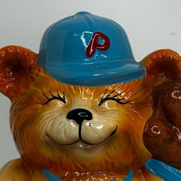 Vintage 90’s Teddy Bear Musical Piggy Bank Baseball Theme Hand Painted 7 1/2” H - Picture 2 of 9